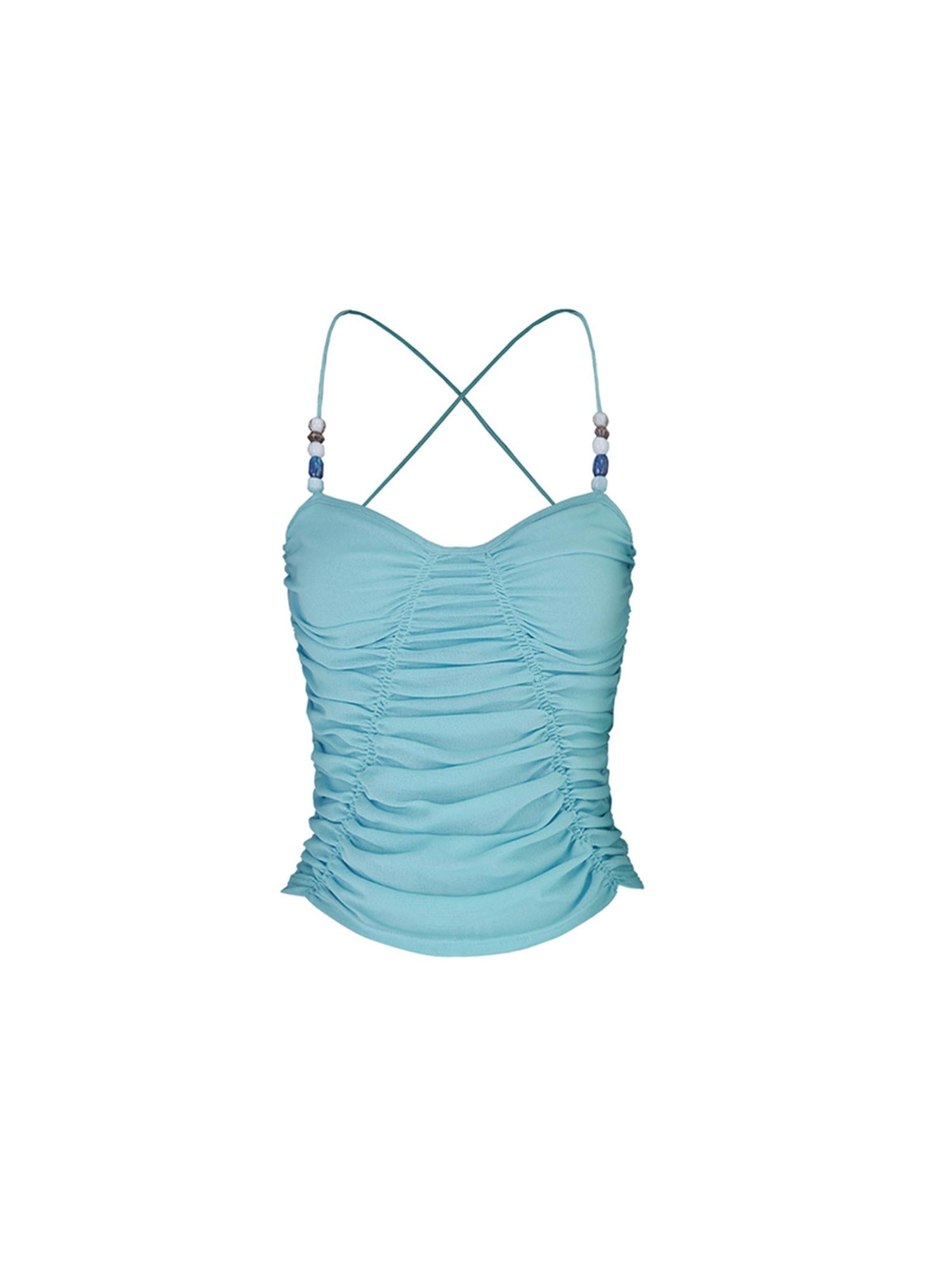 STRIKE A POSE Summer Beaded Butterfly Neck Halter Ruffled Sleeveless Top Women