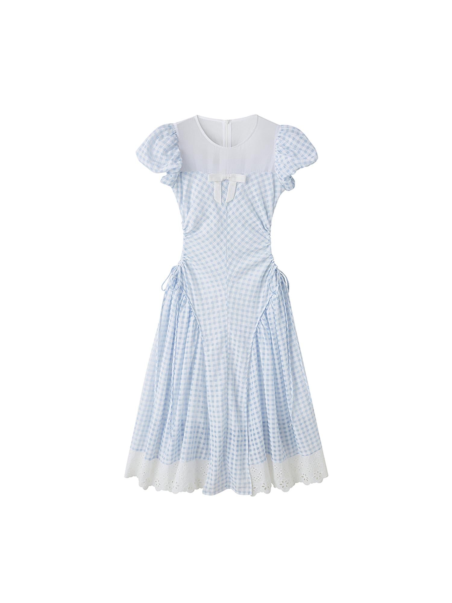 DIDDI MODA Blue Grid High Waist Ruffled Hollow Out A Line Maxi Dress