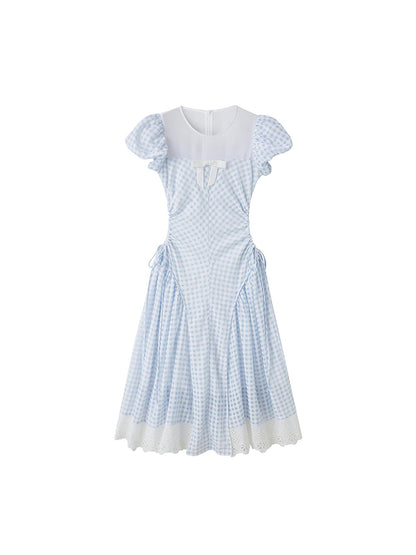 DIDDI MODA Blue Grid High Waist Ruffled Hollow Out A Line Maxi Dress