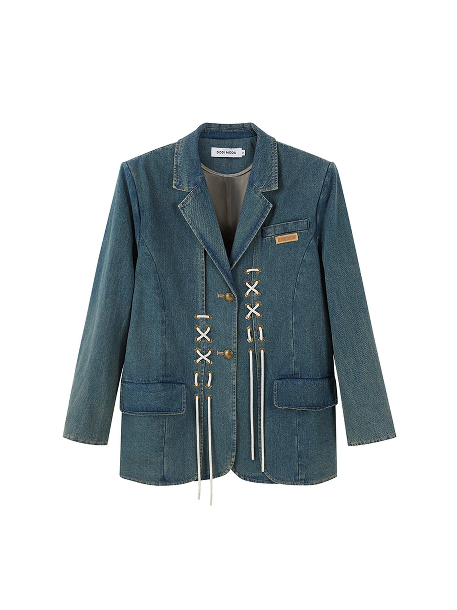 DIDDI MODA Vintage Denim Blazer With Cross Tie Detail