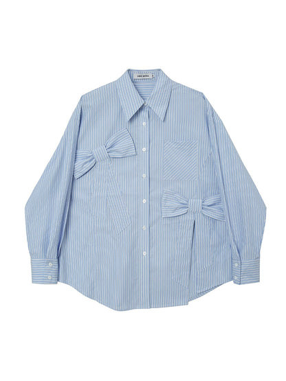 DIDDI MODA Asymmetrical Bow Split Blue Stripe Shirt