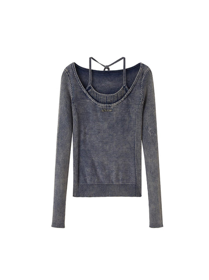 DIDDI MODA Vintage Washed Knit Mock Neck Layered Top