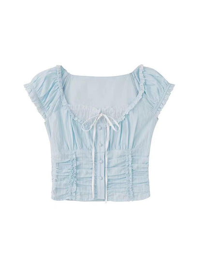 DIDDI MODA French Cotton Lace Trim Ruffled Fit Short Sleeve Blouse