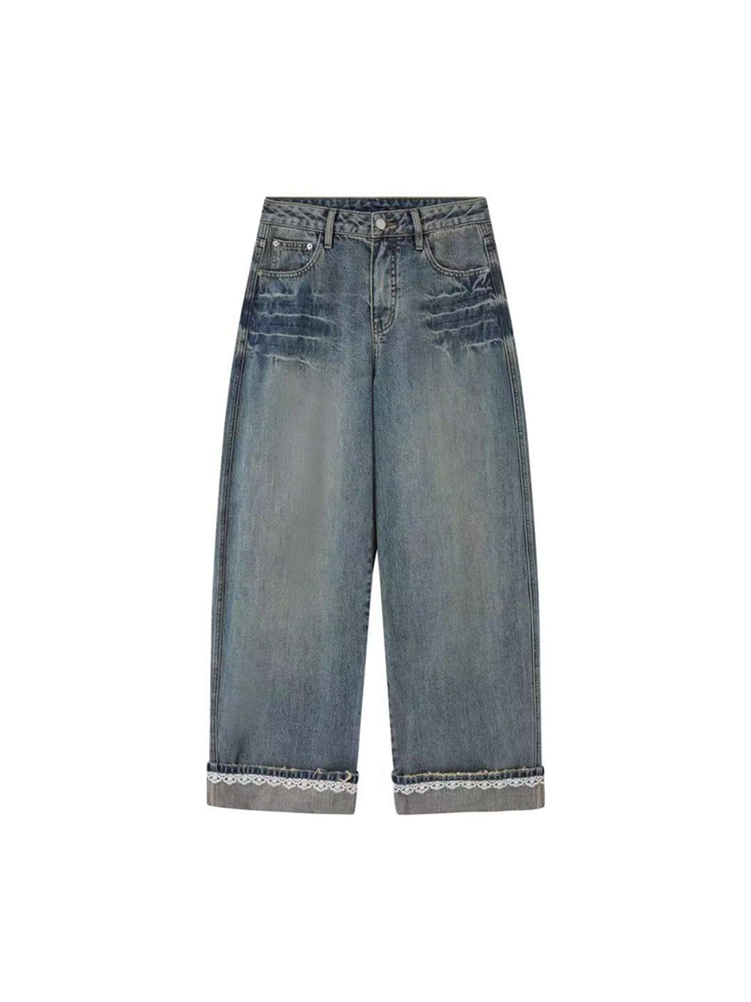 DIDDI MODA Vintage Lace Trimmed Distressed Relaxed Fit Jeans