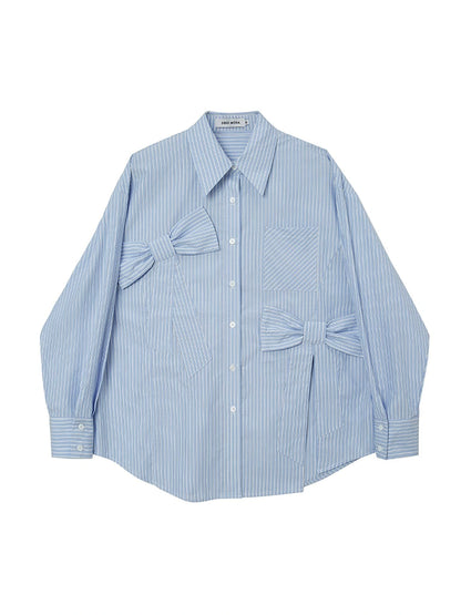 Asymmetrical Bow Split Blue Stripe Shirt