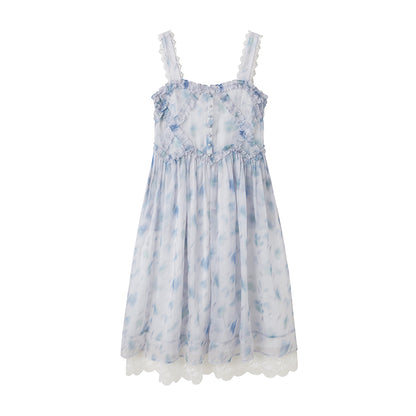 DIDDI MODA Watercolor Print Blue Strapless Sundress