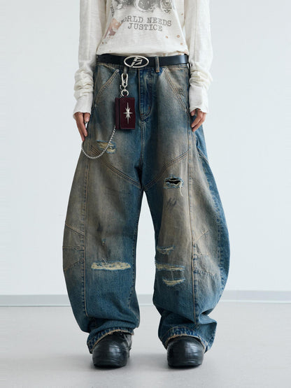 Peoplesense Distressed Yellow Mud Dyed Washed Ripped Unisex Baggy Scimitar Jeans