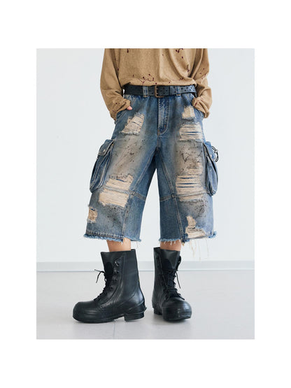 Peoplesense Deconstructed Washed Ripped Cropped Denim Trousers
