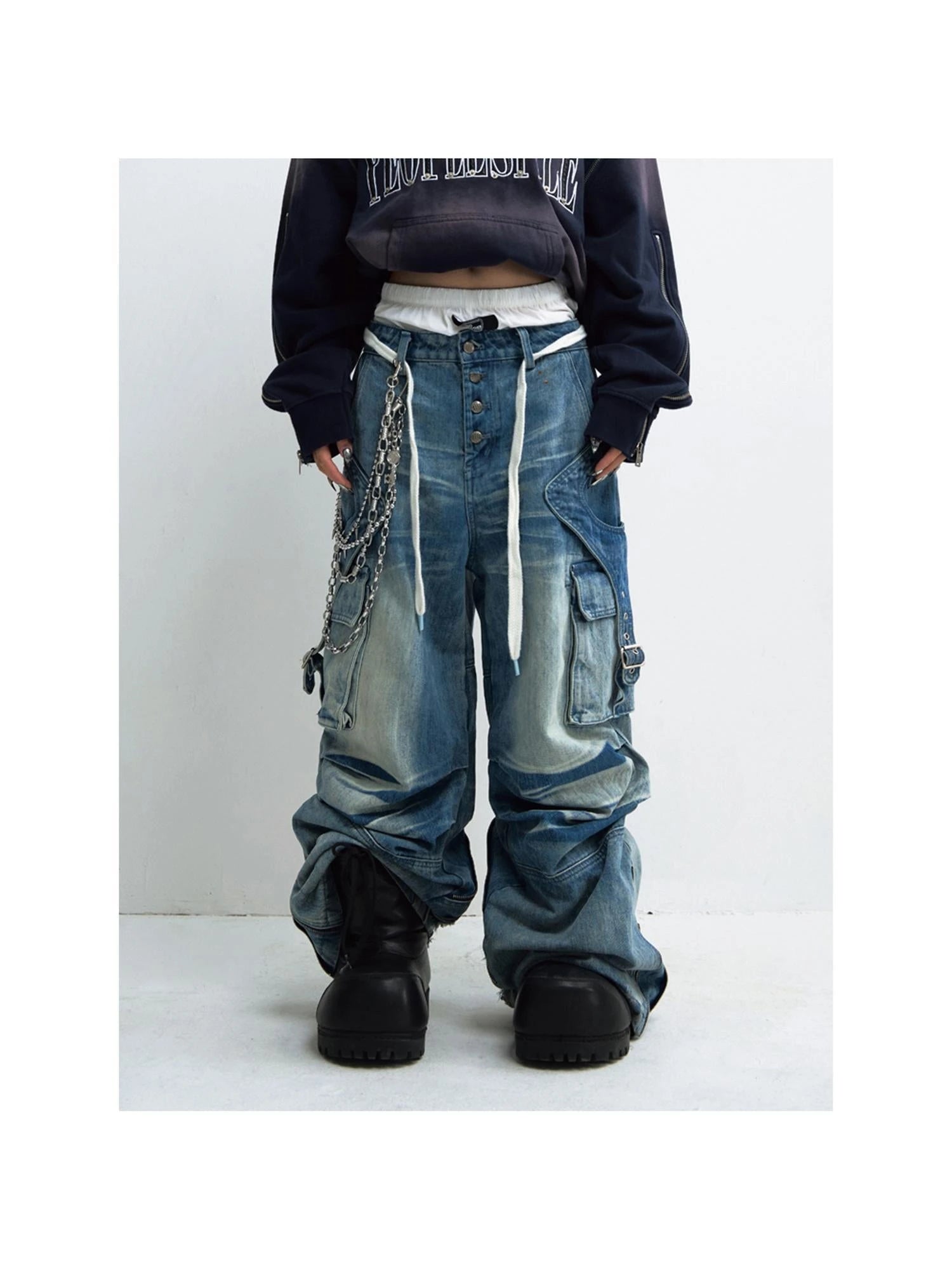 Vintage Washed Wide Leg Jeans With Asymmetrical Pleats