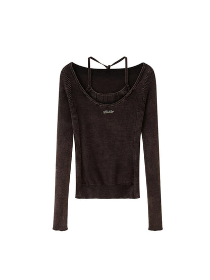 DIDDI MODA Vintage Washed Knit Mock Neck Layered Top