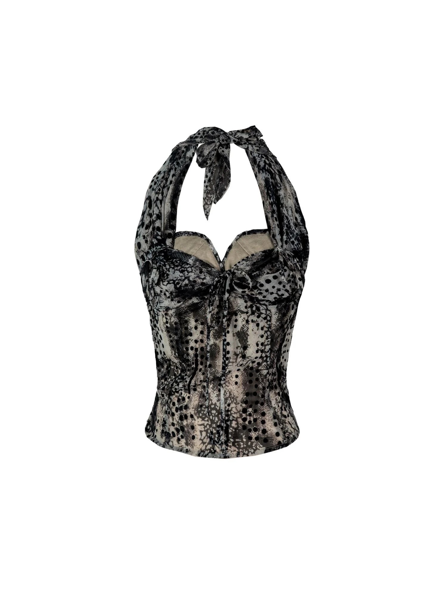 Vintage Y2k Leopard Chiffon Backless Layered Bustier