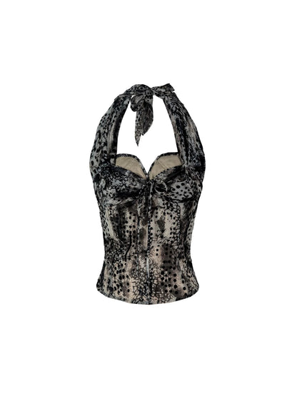 Vintage Y2k Leopard Chiffon Backless Layered Bustier