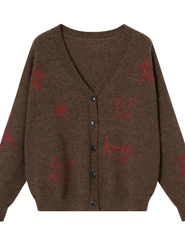 Retro Embroidered Dachshund V Neck Knit Cardigan