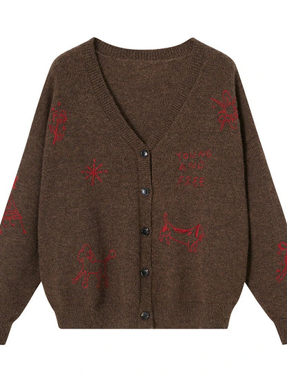 Retro Embroidered Dachshund V Neck Knit Cardigan