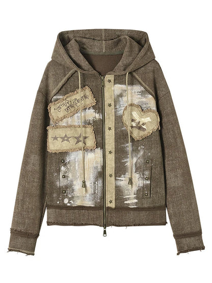Vintage Punk Distressed Hooded Crop Top Streetwear Jacket