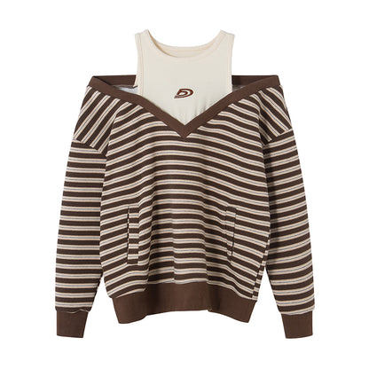 DIDDI MODA Retro Stripe Off Shoulder V Neck Sweatshirt