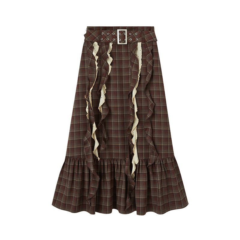 DIDDI MODA Brown Plaid Midi Skirt With Flowing Ribbon Details