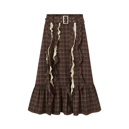 DIDDI MODA Brown Plaid Midi Skirt With Flowing Ribbon Details