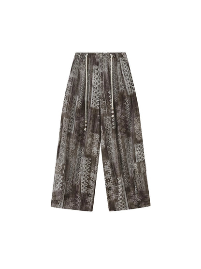 Bohemian Print Drawstring Wide Leg Pants