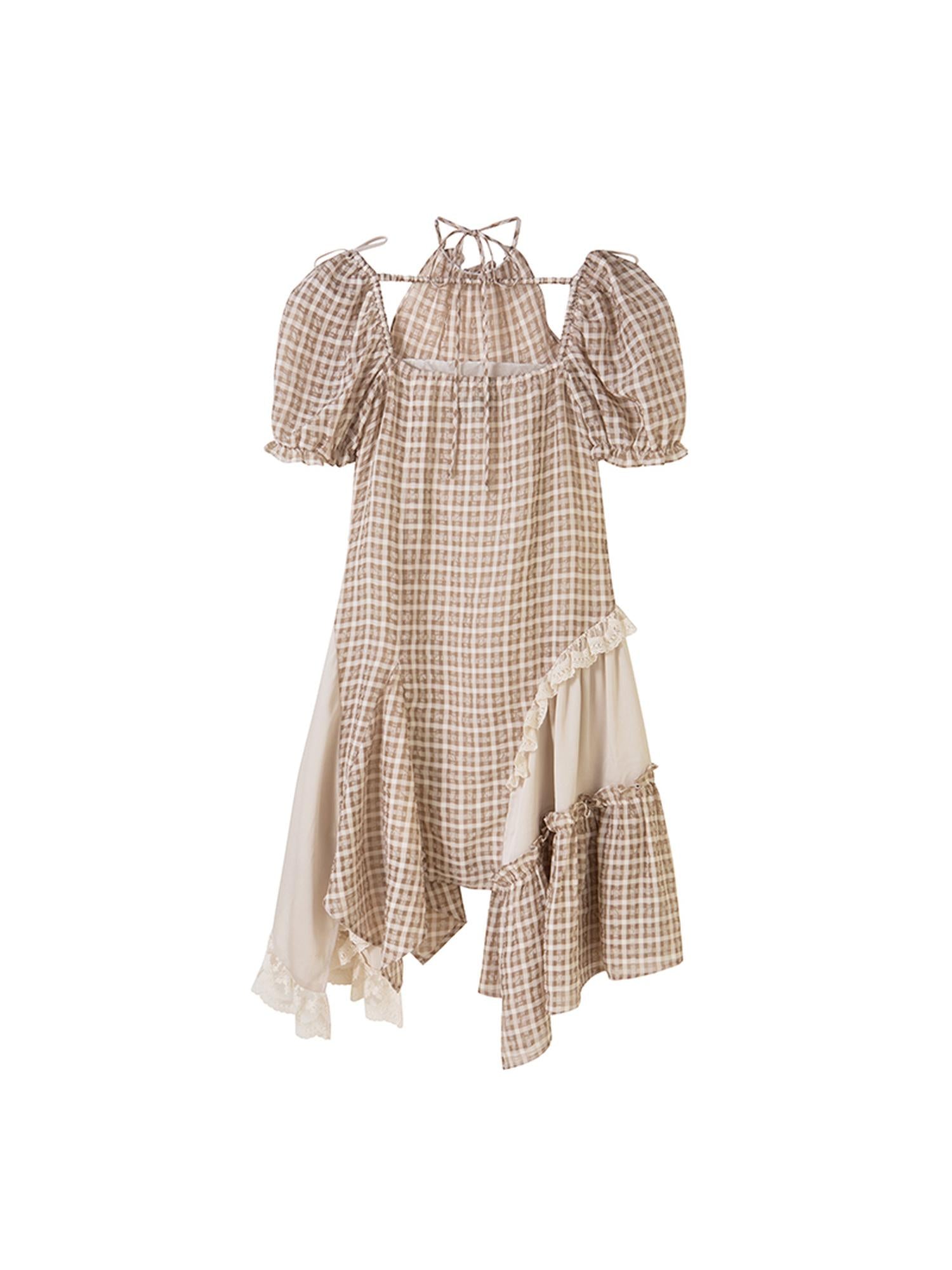 DIDDI MODA Vintage Plaid Halter Dress With Asymmetric Hem Lace Trim