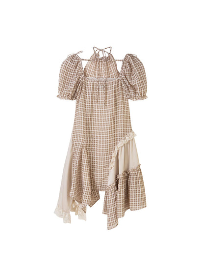 DIDDI MODA Vintage Plaid Halter Dress With Asymmetric Hem Lace Trim