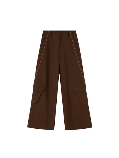 DIDDI MODA Loose Fit Pleated Wide Leg Cargo Trousers With Contrast Stitching