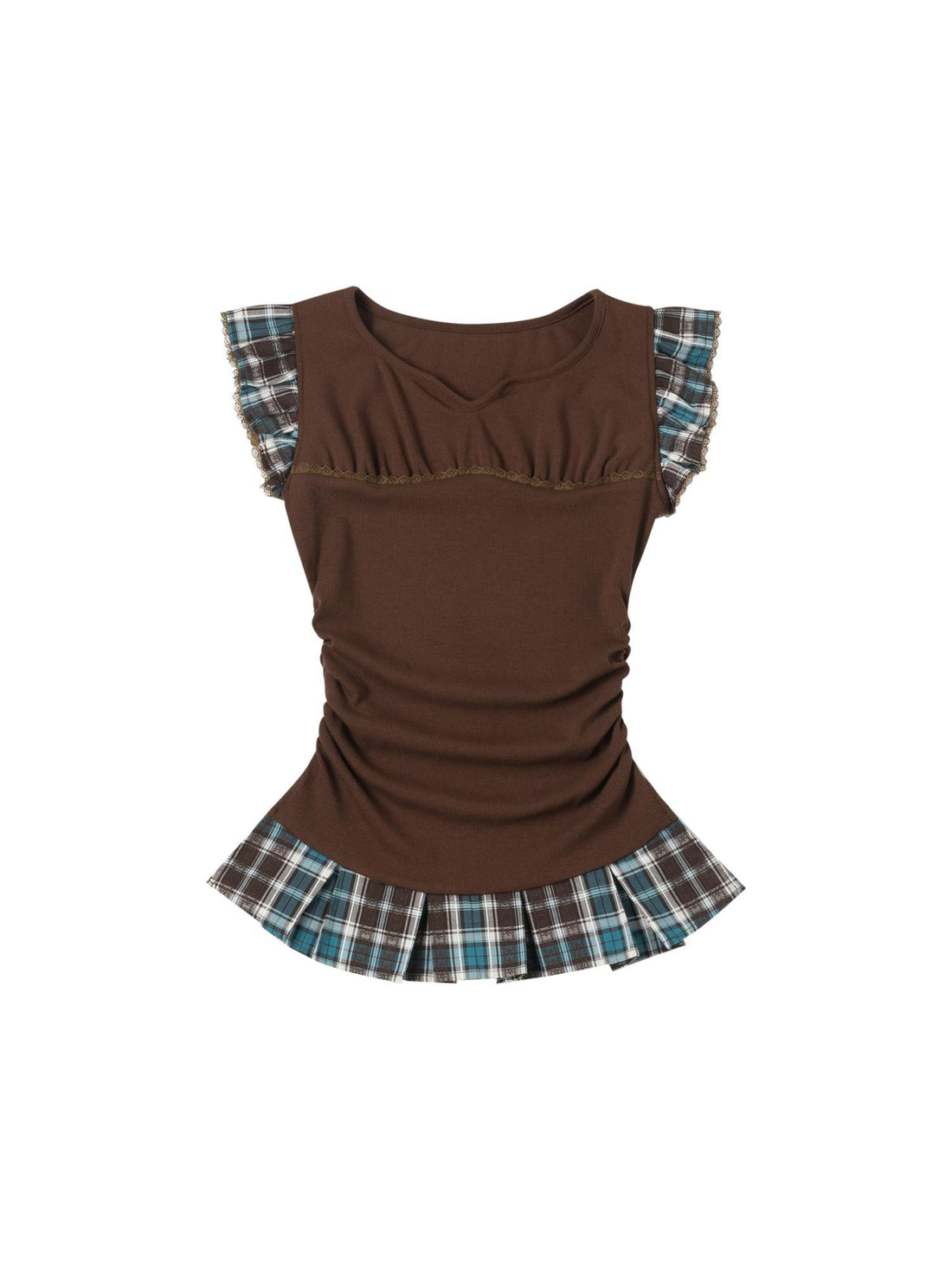 MOMSYCAN FOX LINE Plaid Contrast V Neck Slim Fit Tee With Side Slits