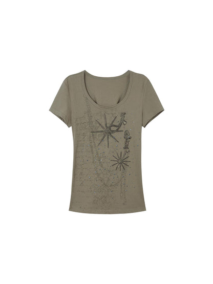 DoublePunch Western Print Rhinestone Fitted Round Neck Basic T-Shirt