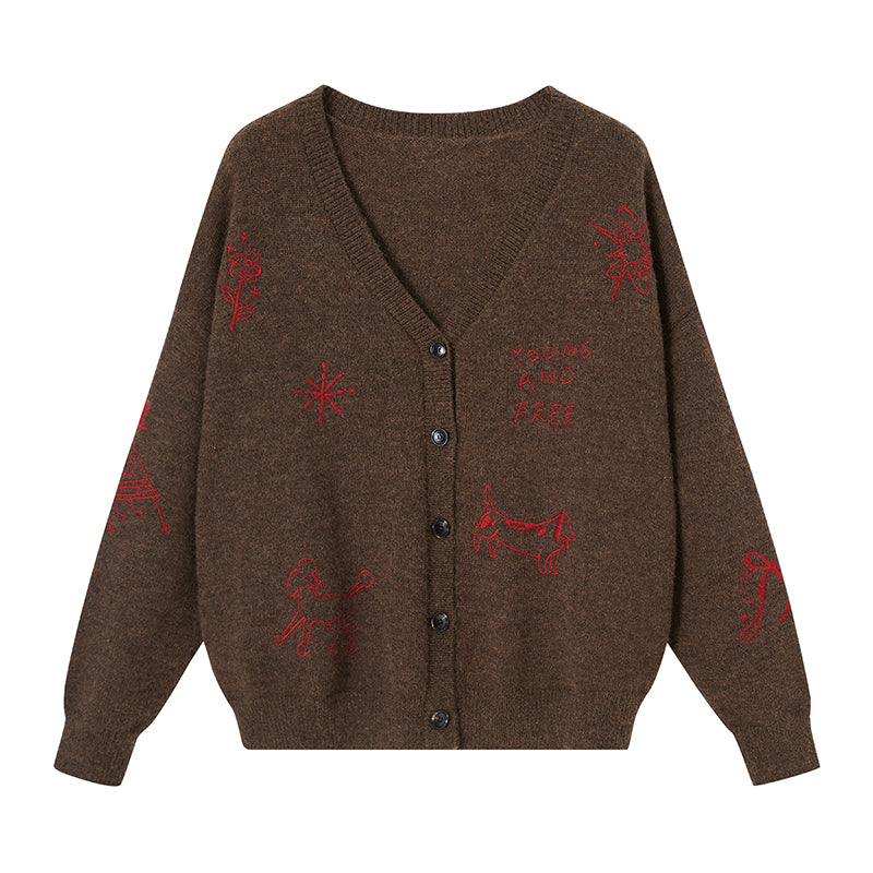 DIDDI MODA Retro Embroidered Dachshund V Neck Knit Cardigan
