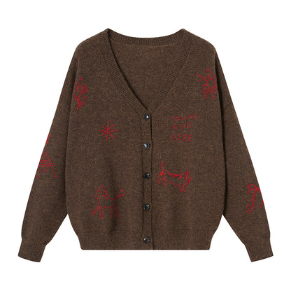 DIDDI MODA Retro Embroidered Dachshund V Neck Knit Cardigan