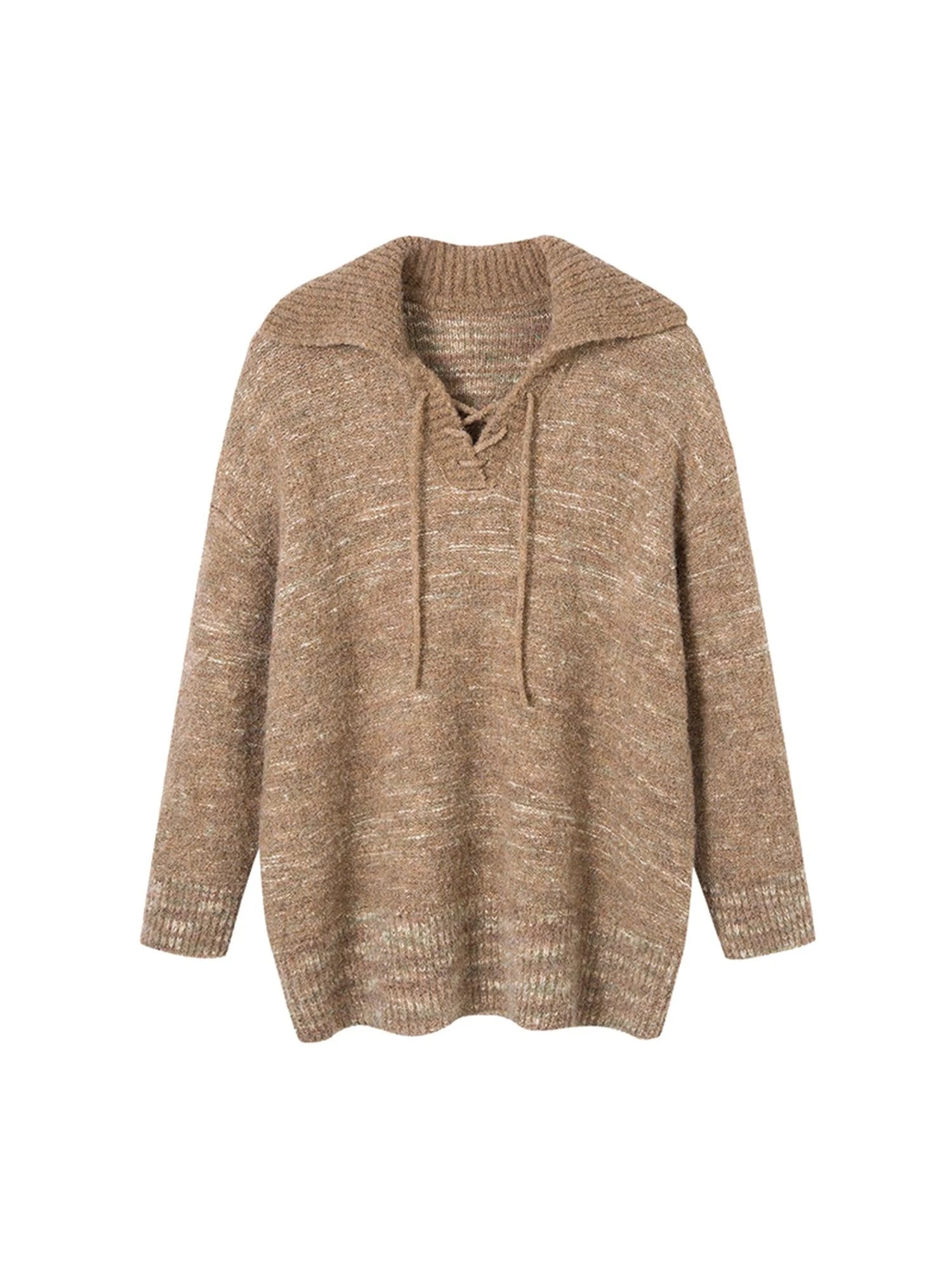 Vintage Collar Striped Hem Distressed Sweater