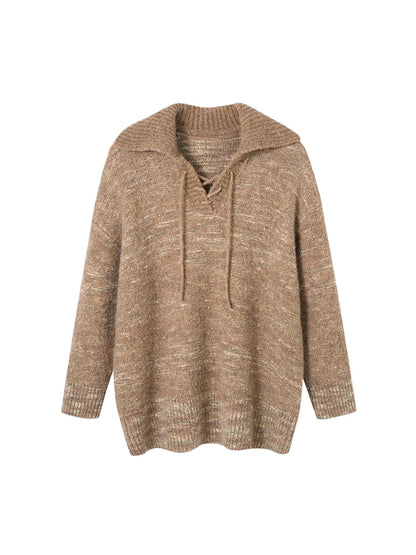 Vintage Collar Striped Hem Distressed Sweater