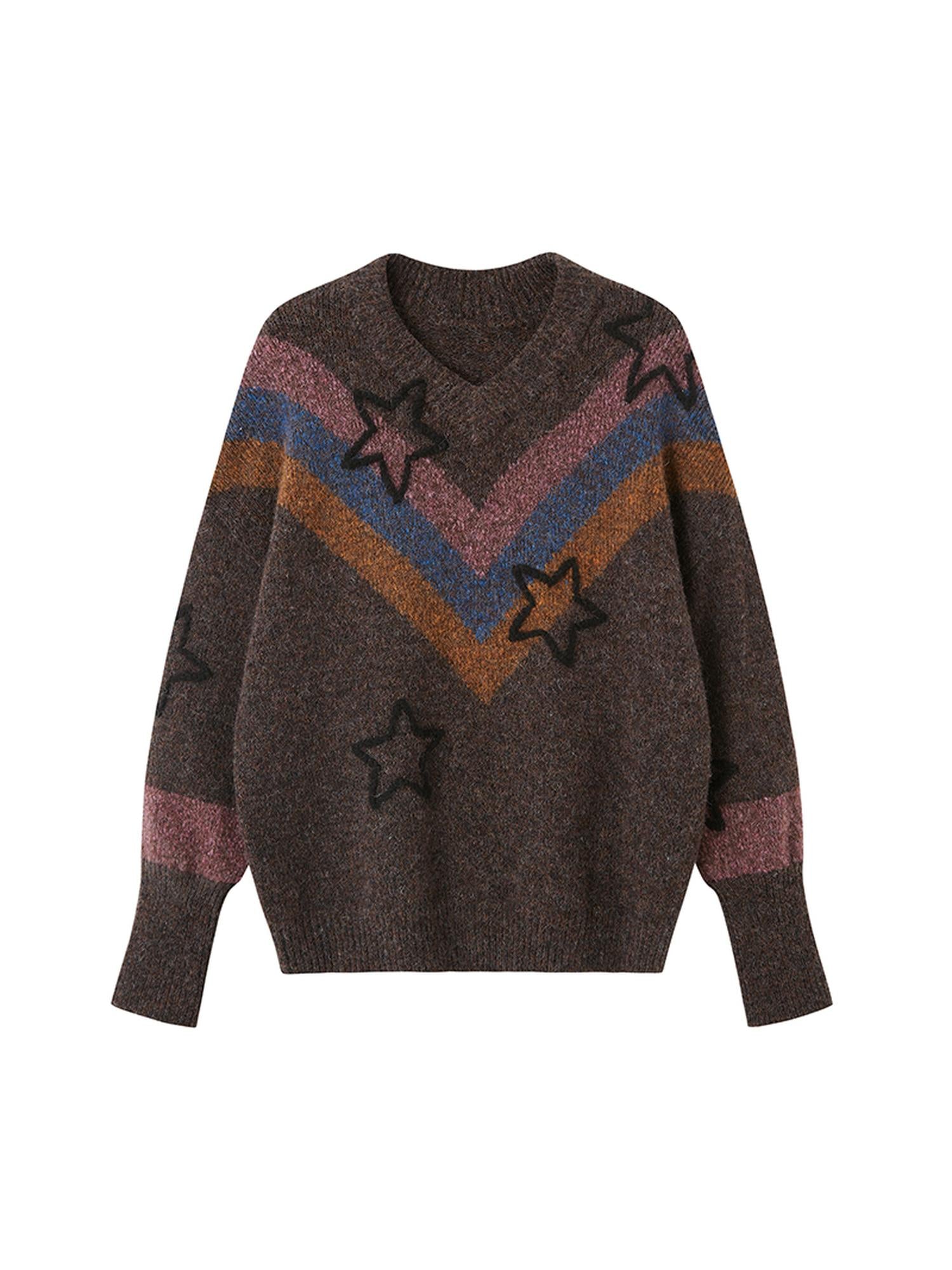 DIDDI MODA Retro Star V Neck Colorblock Knit Sweater