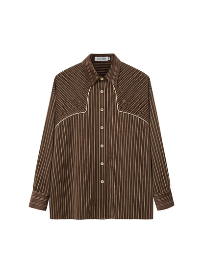 DIDDI MODA Vintage Stripe Flannel Shirt With Beaded Embroidery Contrast Trim