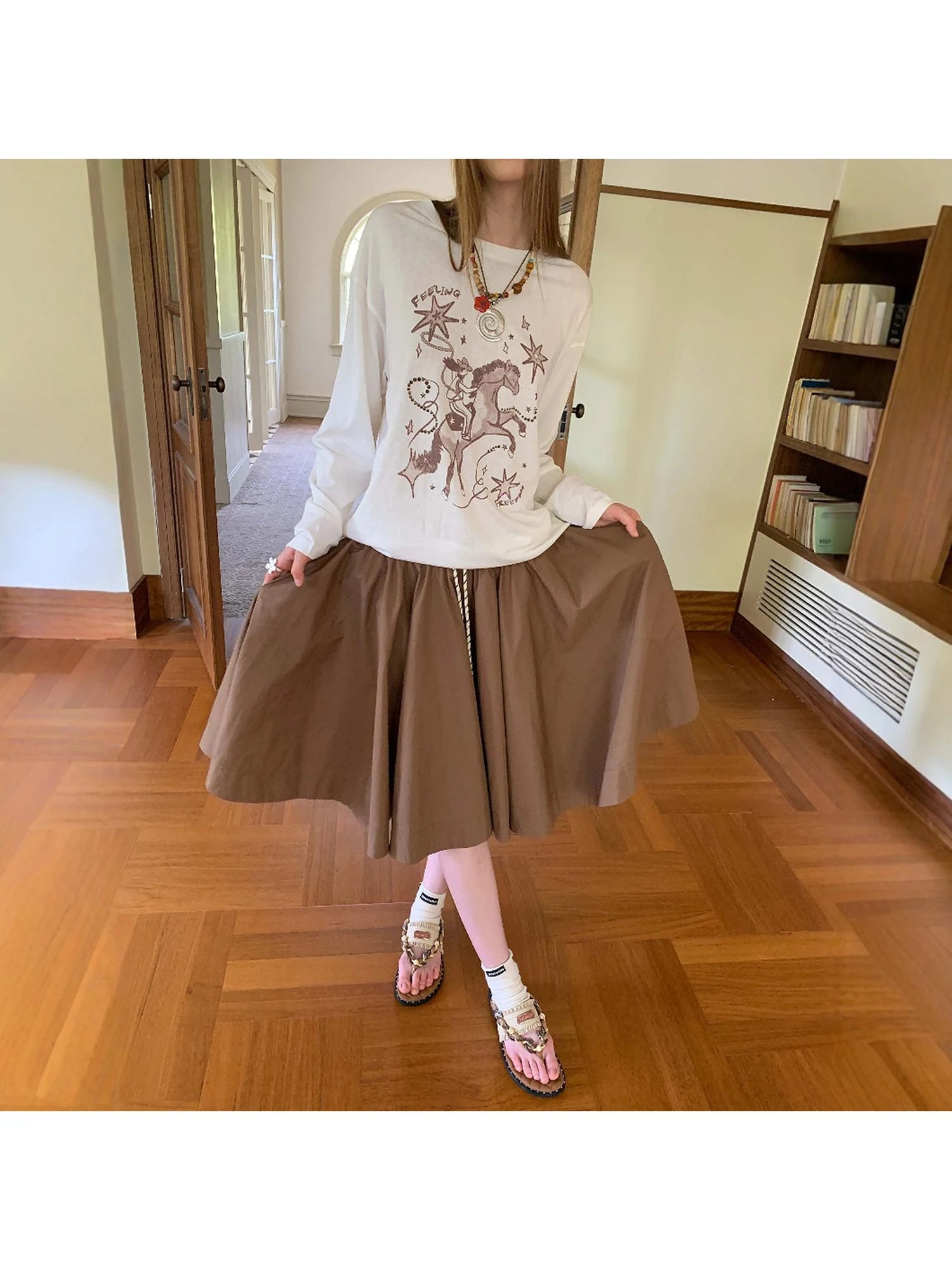 Elegant Drawstring A Line Sun Skirt In Cotton Blend