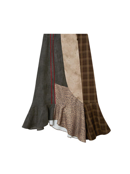 DIDDI MODA Patchwork Leopard Plaid Asymmetrical Midi Skirt