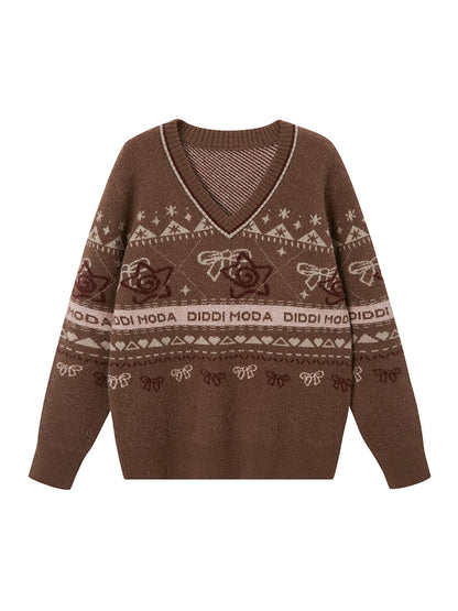 DIDDI MODA Fair Isle Bow V Neck Knit Sweater