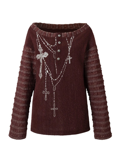 Vintage Loose Knit Embroidered Striped Turtleneck T-Shirt Sweaters