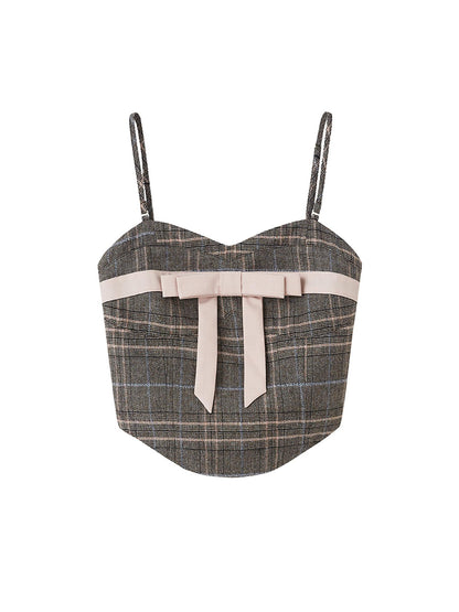 DIDDI MODA Plaid Bow Tie Bustier A Line Maxi Skirt Set