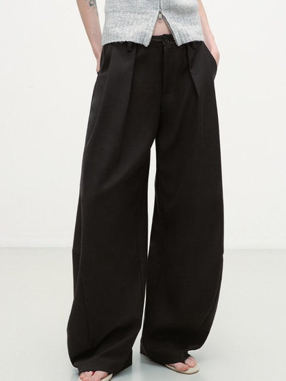 RUN TO THE FUTURE Pleated Minimalist Mid Rise Micro Stretch Casual Loose Fit Black Wide-Leg Pants