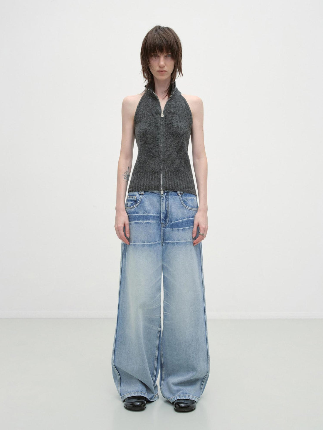 RUN TO THE FUTURE Washed Low Waist Casual Loose Fit Cotton Zipper Women Denim Blue Wide-Leg Jeans