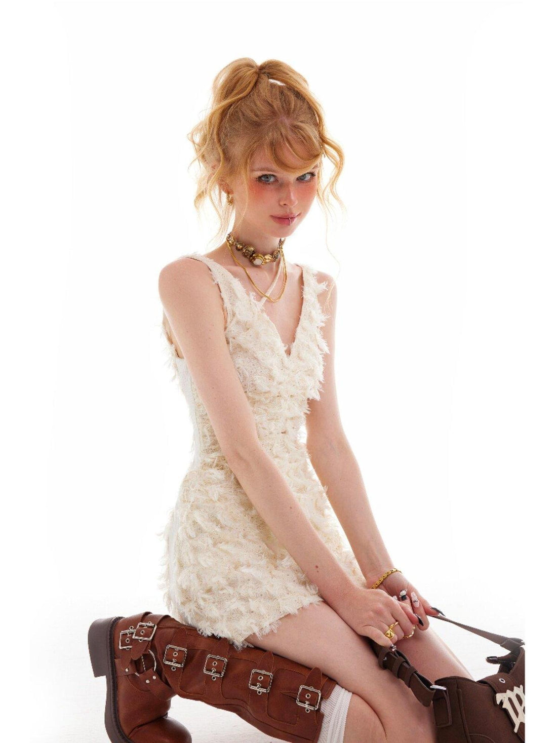 The NeverMore High Waist Fringe Street A Line V-neck Women White Polyester Mini Dresses
