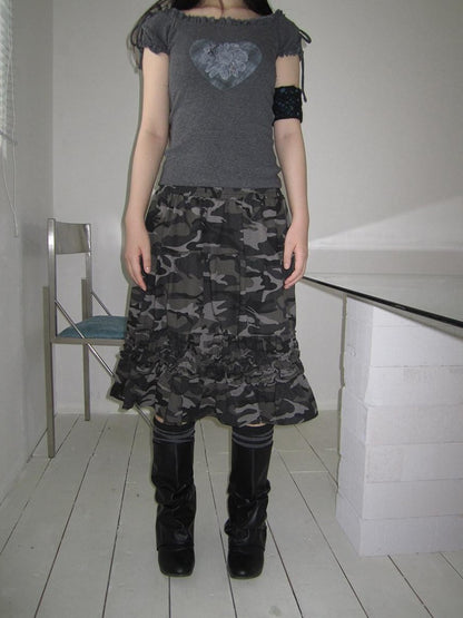 ang project Camouflage Ruffle Edge Patchwork Elastic Waist Women&