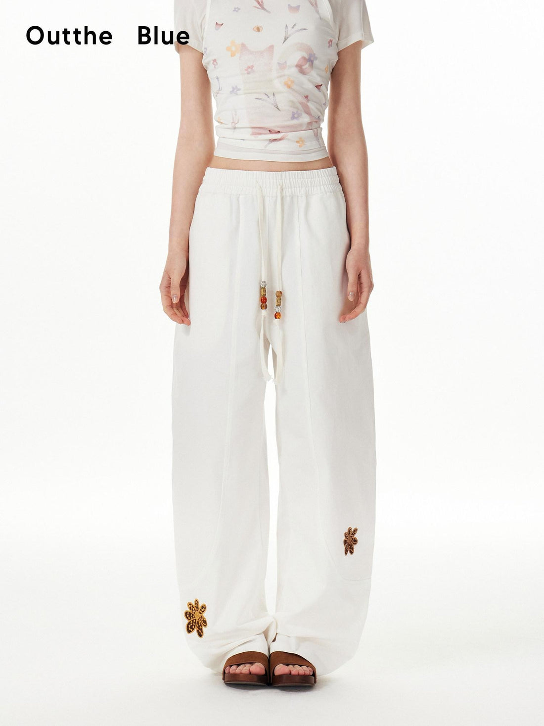 OuttheBlue Cotton Drawstring Pockets Natural Waist Workwear Long White Wide Leg Pants