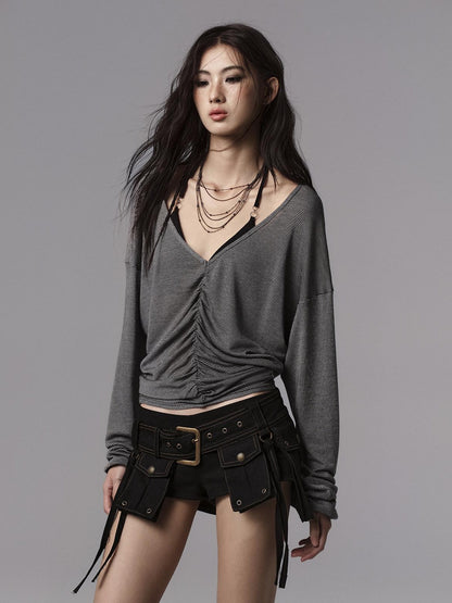 Low pixel Lyocell Blend Goth Fitted V-neck Striped Women Long Sleeve Crop Tops