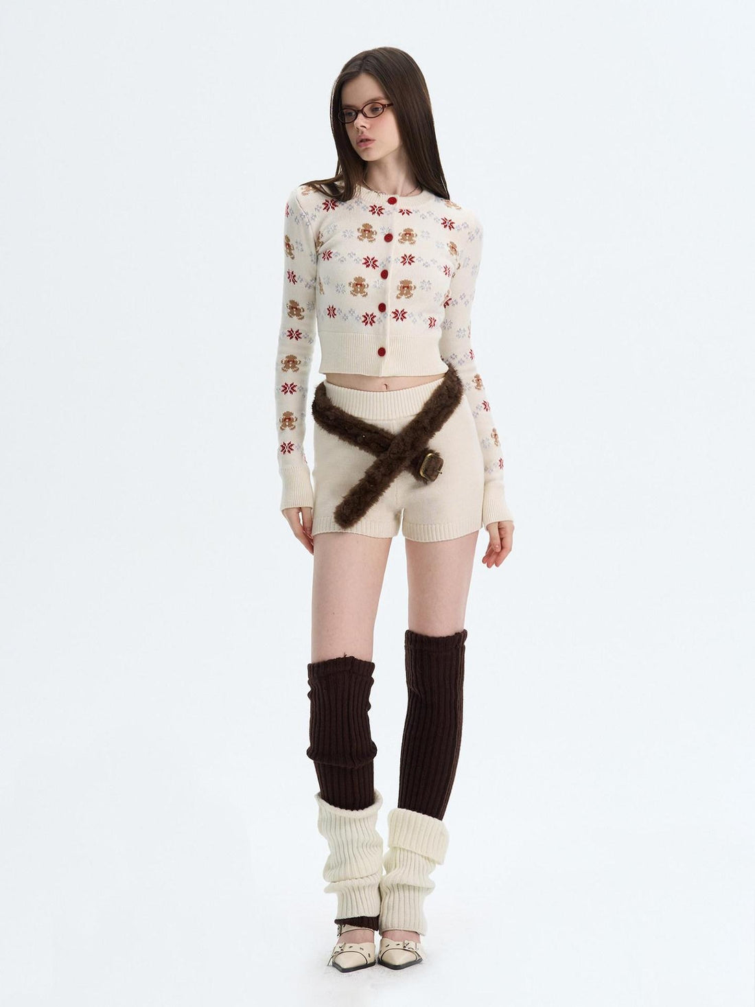 The NeverMore Cashmere Blend Bear Jacquard Cute Slim Cropped Crewneck Knitwear Cardigans