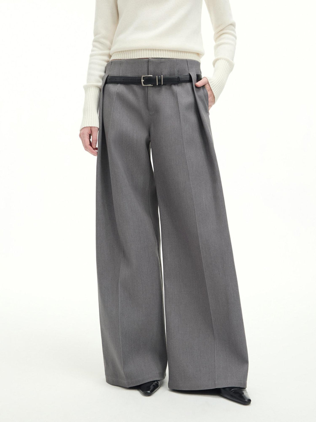 RUN TO THE FUTURE Low Rise Jacquard Minimal Casual Women Light Heather Gray Wide-Leg Pants