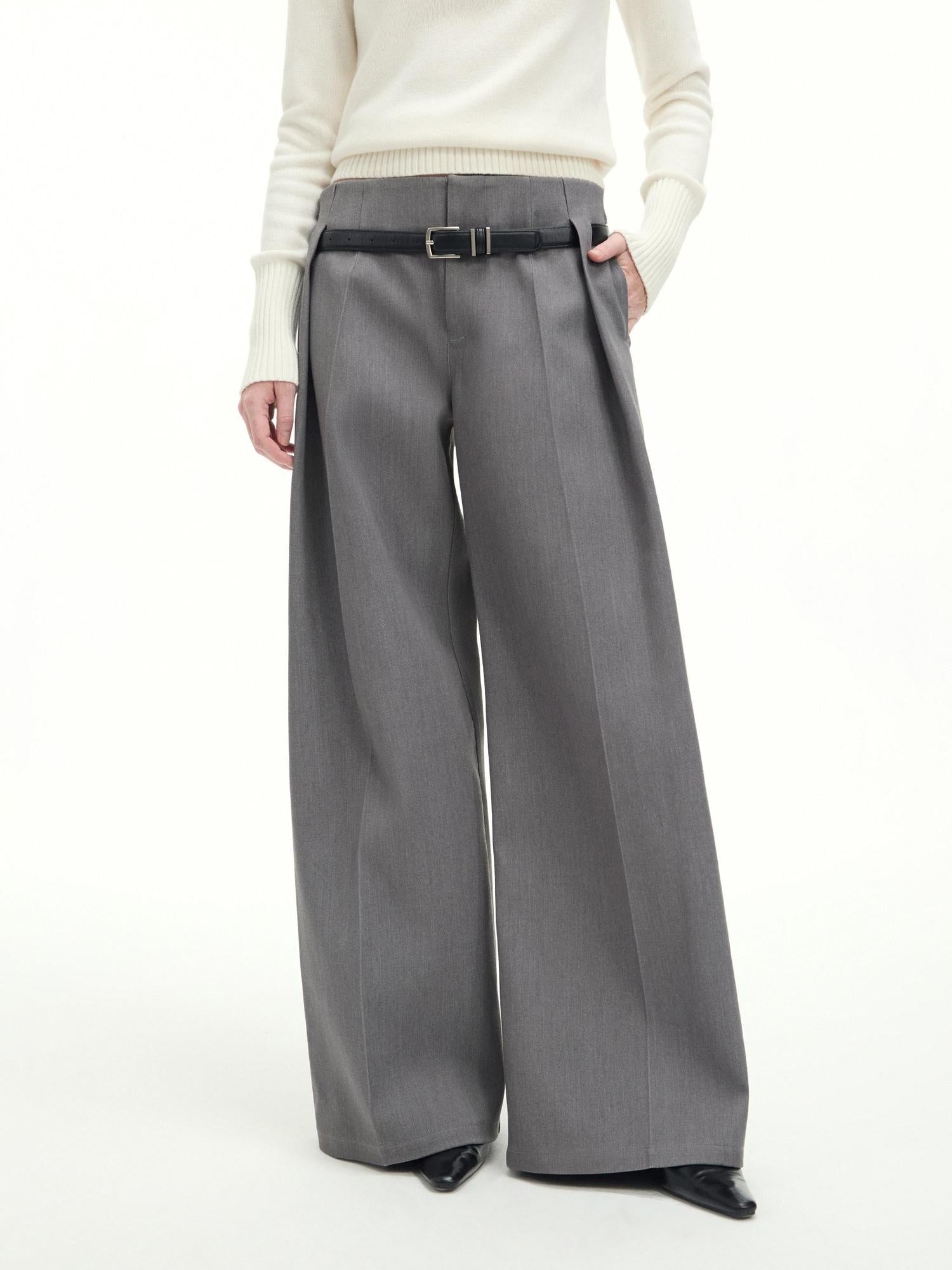 RUN TO THE FUTURE Low Rise Jacquard Minimal Casual Women Light Heather Gray Wide-Leg Pants