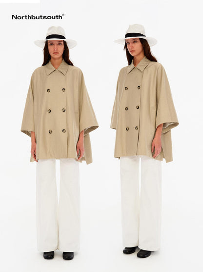 Northbutsouth Light Sheen Crinkle Double Breasted Batwing Women&