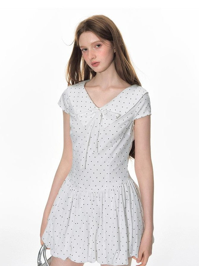 NAPSNAPS Polka Dot Sailor Collar Tie V-neck High Waist Tencel Women&